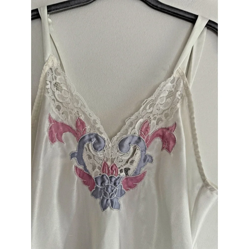 Vintage VAL MODE Long Satin Nightgown MED Floral Coquette 90s Lace